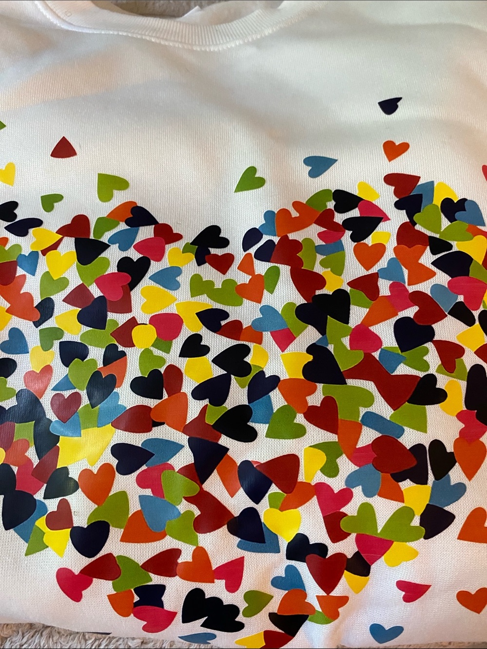 NWOT, White Pullover Sweatshirt with Multicolor Heart Confetti Print